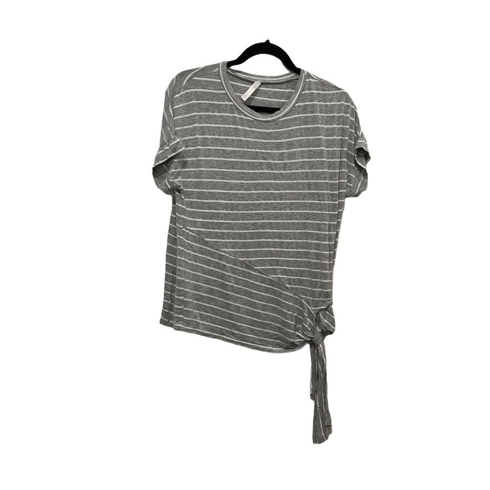 Watermelon Striped White Gray Short Sleeves Side Tie Knot Top Blouse Womens S